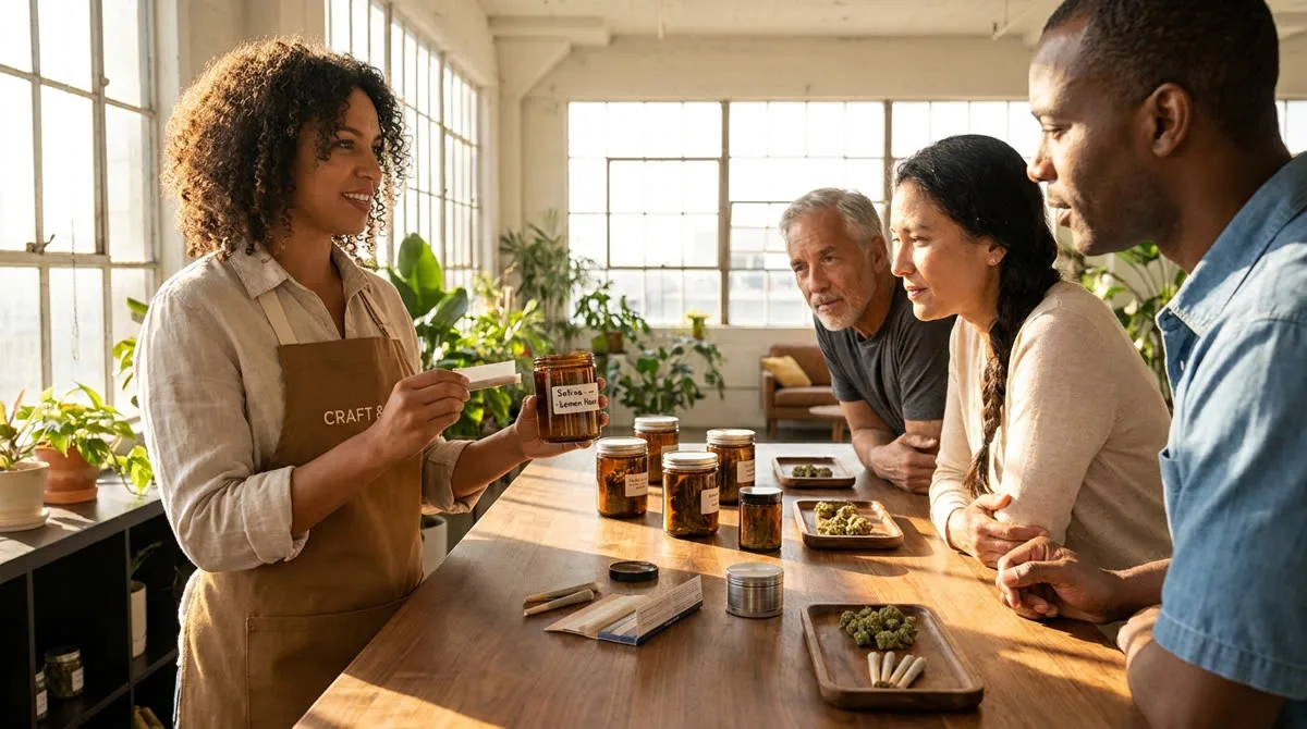 A training session at the Academy — an instructor teaching a small group the craft of cannabis hospitality