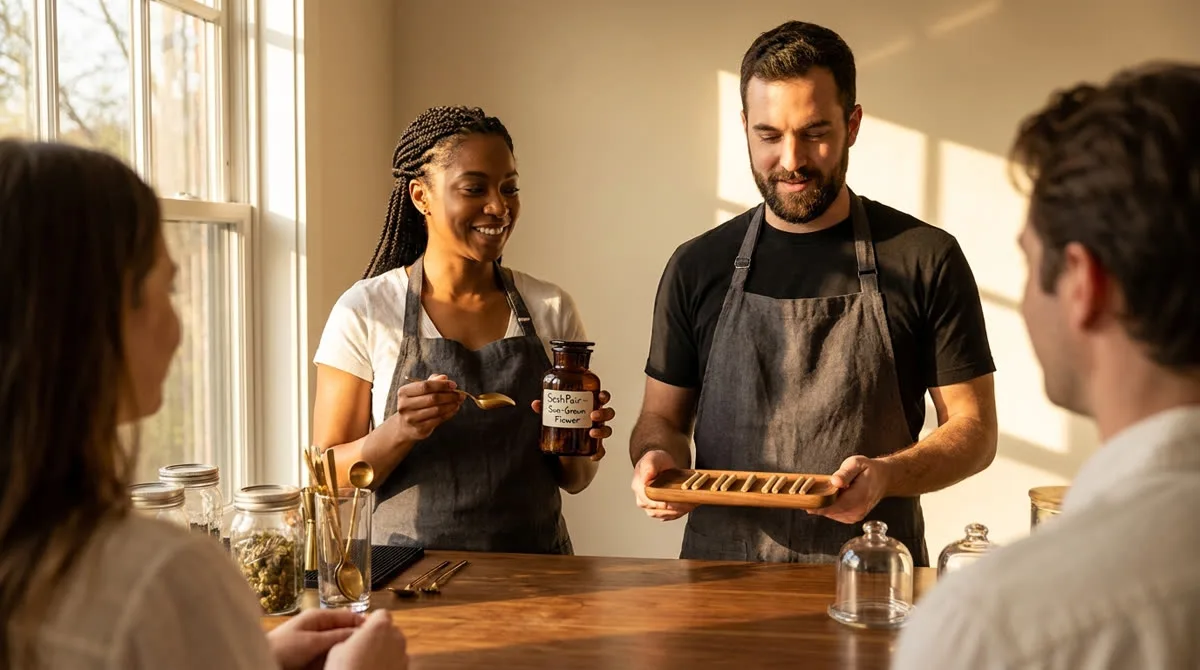 A certified SeshPair professional serving and educating guests at a styled bud bar